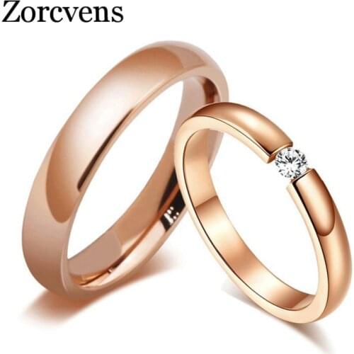 Modyle Trendy Bright 585 Rose Gold Tone Engagement Rings for Couples Stainless Steel with CZ Stone Men Women Wedding Bands