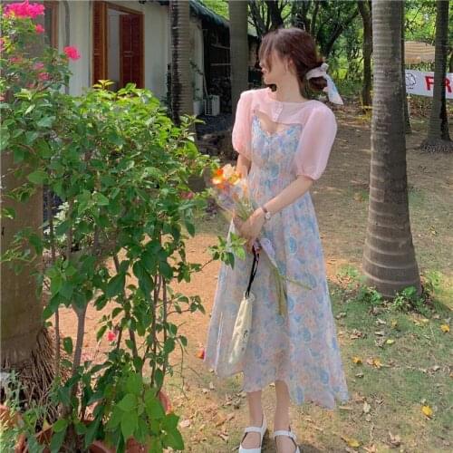 Korean Vintage Soft Girl Dress Sweet Puff Sleeve Shawl Pink Tops Kawaii Sleeveless Flowers Sling Long Dress 2-Piece Set Vestidos
