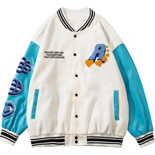 Jacket Men Furry Patches Leather Patchwork Color Oversized Bomber Coats Couple All-match College Style Baseball Outwear