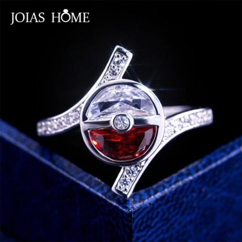 JoiasHome Trendy Silver Ring for Women Fine Jewelry S925 New Creative Design Red And White Poke Ball Female Fashion Gift Party