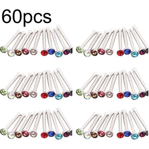 Fashion Women Nose Stud 60Pcs/Set Mixed Color Rhinestone Stainless Steel Nose Studs Piercing Jewelry Womans accesories