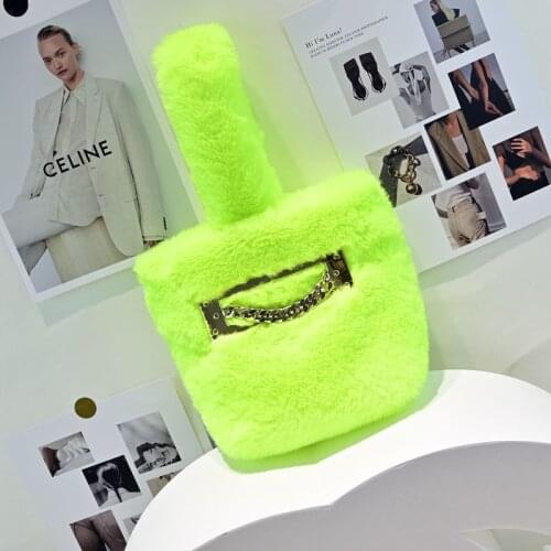 Autumn and Winter New Trendy All-match Plush Handbag, Fluorescent Green Hand Bag, Cute Hairy Bucket Bag, Fashionable Female Bag