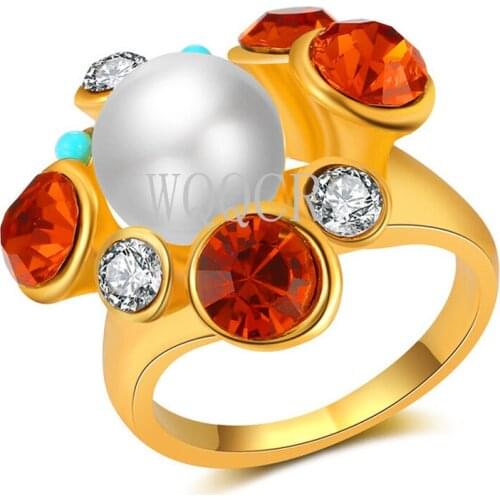 The Latest White Round Pearls Nice Small Rhinestones 18 K Gold Wholesale Ring Beautiful Shiny Party Jewelry