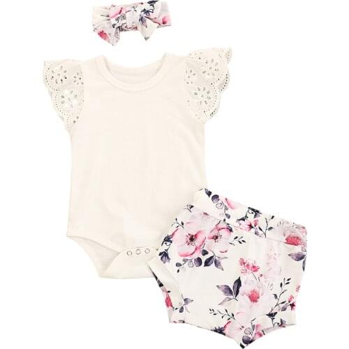 0-24M Cute Newborn Baby Girl Clothes Sets Lace Fly Sleeve Cotton Bodysuit Tops Floral Shorts Bloomers Headband 3PCS