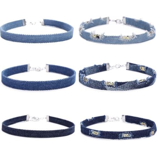 Gothic Choker Necklace Blue Distressed Frayed Denim Jeans Gothic Choker Necklace rope chain for Women jewelry gift gothic