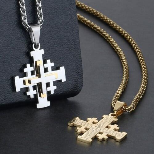 Stainless Steel Jerusalem Cross Pendant Necklaces for Women Men Holy Bible Chains Necklaces Medieval Religious Jewelry Gift CN45