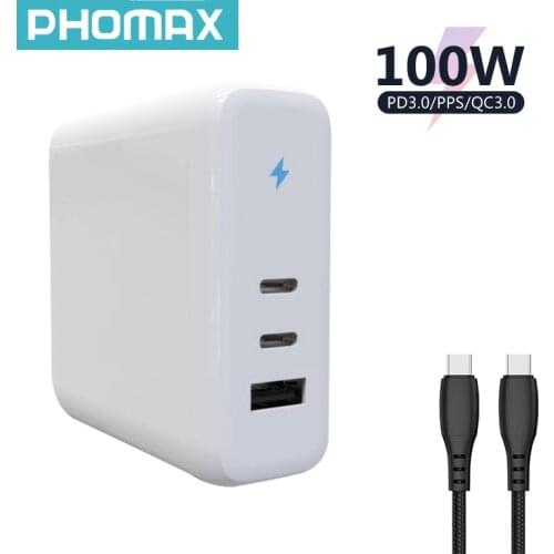 PHOMAX GaN 100W PD 3-Port Fast Charger With 100W Cable For Laptop IPad IPhone Huawei Xiaomi Samsung Mobile Phone Power Adapter