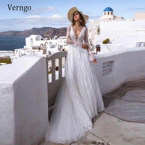Verngo A Line Wedding Dress Ivory Lace Wedding Gowns For Bridal Long Sleeves V-neck Chic Bride Dress 2021 Vestido de noiva