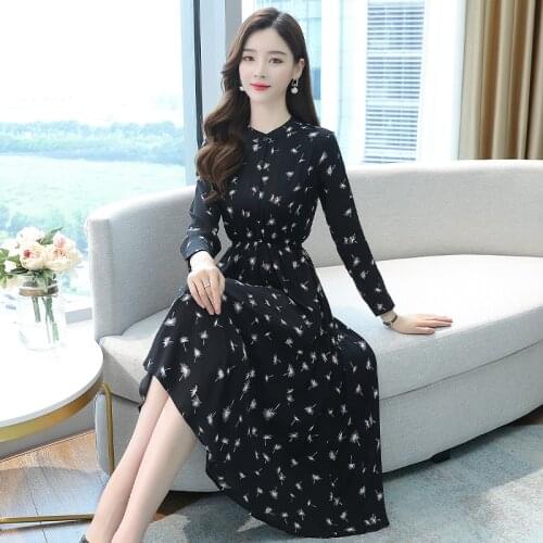 Women Autumn Winter Vintage Print Slim Chiffon Long Sleeve A-line Dress Fashion Casual Elegant Lady Dresses For Woman Black