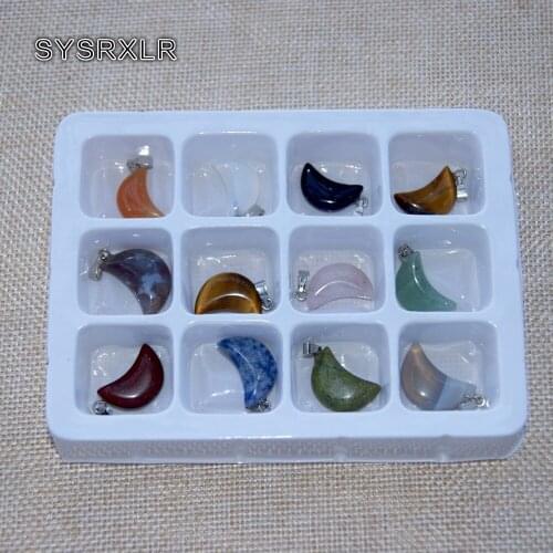 Wholesale New Multi-Style 12 PCS Boxed Moon Shape Natural Stone Charms Pendant Fit DIY Necklaces For Jewelry Making 13*20 MM