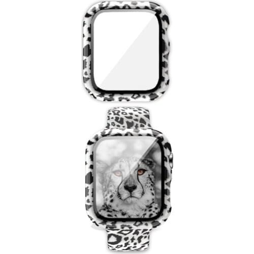 40mm Leopard pattern Silicone Strap for Apple Watch Band 44mm 38mm 42mm Spots Flower Band Series PC+Tempered Glass Case