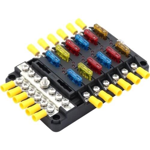12-32V Universal Car 12-Way Blade Fuse Box Holder Modified Fuse Box Terminal Block with LED Warning Light For Car Boat RV Yacht