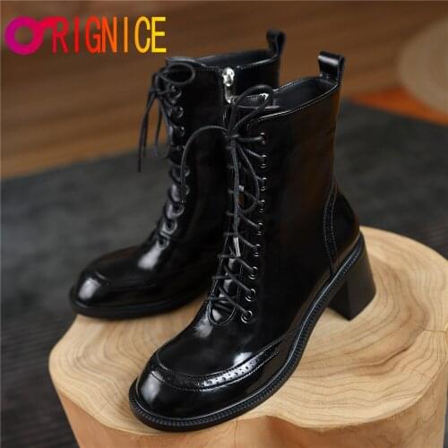 Orignice Top Quality Women Ankle Boots Thick High Heels Round Toe Fashion Lace Up Zip Daily Life All Match Footwear Size 34-39
