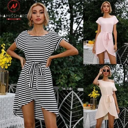 Women Summer Striped Print Dress for Streetwear Patchwork Design Bandage Decor O-Neck Short Sleeve Mid Waist Slim Mini Dress