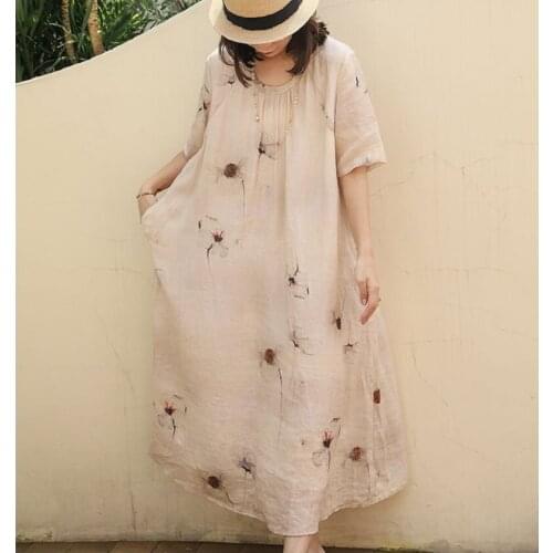 New Ramie Print Original Womens Dress Literary Loose Large Size Eegant Long Dress Womens Summer Dress