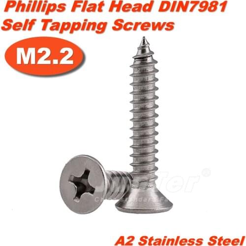 100pcs/lot M2.2(2.2mm) A2 Stainless Steel Phillips Cross Recessed Countersunk Self Tapping Screws DIN7982