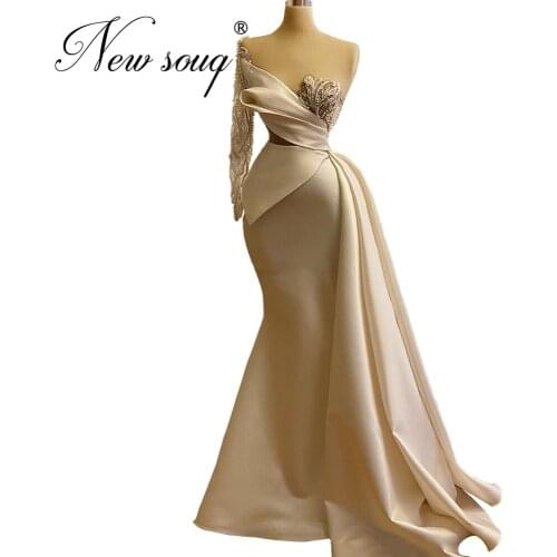 2020 Celebrity Dresses Mermaid Long Satin Beaded Red Carpet Runaway Dress Kaftans Arabic Evening Wear Gown Dubai Robe De Soiree