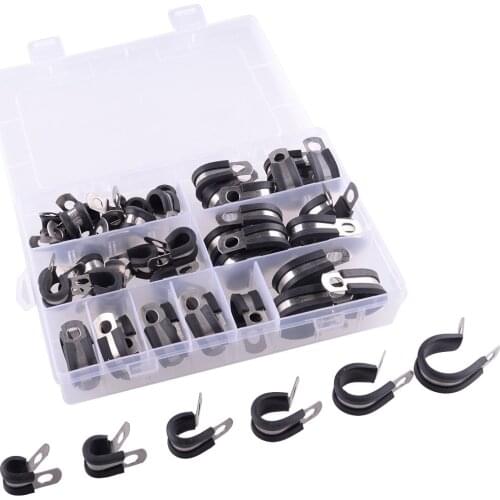 52Pcs Universal Cushion Insulated Stainless Steel Cable Pipe Fuel Line Clamps Assortment Kit Car Rubber