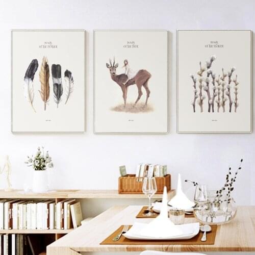 American Style Abstract Animals Deer And Girl Feather Flower Canvas Nordic Painting Wall Picture Poster Living Room Decoration