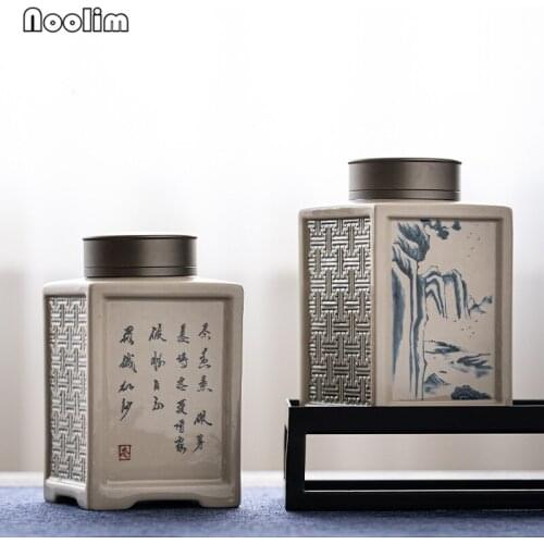 Ceramic Retro Tea Caddy with Double Layer Tin Lid Sealed Cans Square Hand Painted Coffee Beans Snack Storage Tank Candy Jars