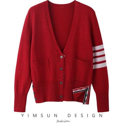 Chinese Red Sweater New Year Cardigan Net Red College Wind Loose Jacket V-neck Snowflake Striped TBB Knitwear