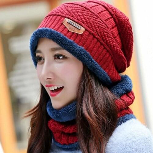 Unisex Warm Cap Kit Girl Ski Cap Big Wool Fur Lining Ball Knitted Hats Scarf Winter Women Warm Knitted Baggy Beanie Scarf Hat