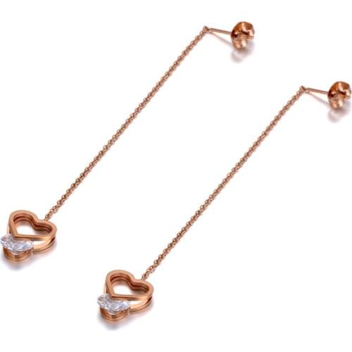 Fashion Stainless Steel CZ Crystal Heart Tassel Earrings Jewelry Rose Gold Ear Line Drop Earrings For Women E20007