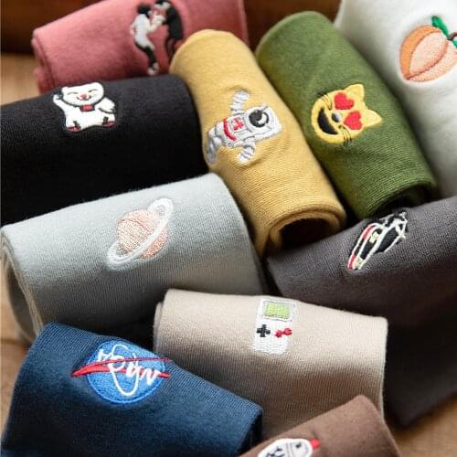 New Spring and Autumn couple socks solid color ins tide embroidery Cartoon net red fashion wild tube socks sports tide socks
