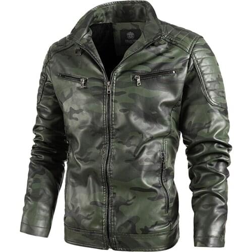 Autumn Winter Men New PU Leather Zipper Jackets Casual Biker Coat Plus Size Camouflage Pint Overcoat Mens Motorcycle Jacket