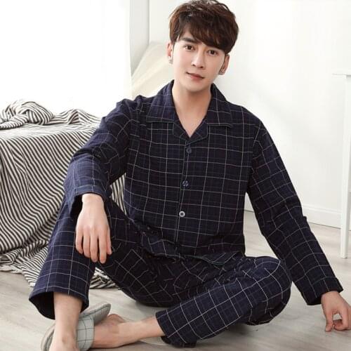 Autumn Cotton Pijama for Men 2 Pieces Lounge Sleepwear Pyjamas Plaid Spring Bedgown Home Clothes Man PJs Pure Cotton Pajamas Set