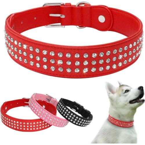 Dog Collar Rhinestone Crystal Big Large Dog Collars Leather Pet Collar Adjustable for Medium Large Dogs Red Pink Black