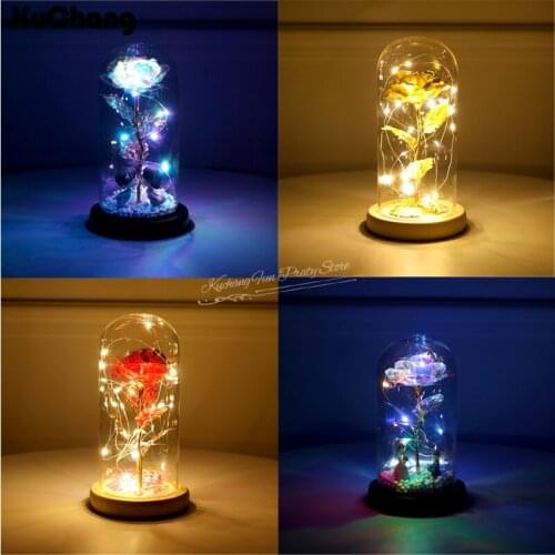 Valentines Day Wedding Anniversary Gift Rose Artificial Flowers 24K Foil Plated Gold Rose Flowers Glass Cover Led Gift Box Set