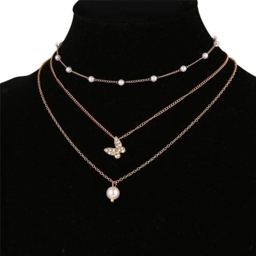 Romantic Elegant Multilayer Metal Chain Pearl Rhinestone Butterfly Pendant Necklace for Women Girls Teens 2021 Trend New Arrival