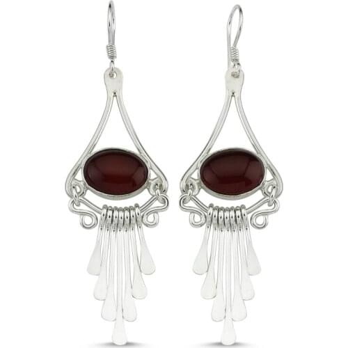 Silverlina Silver Red Agate Gemstone Dangle Hand Handwork Earrings