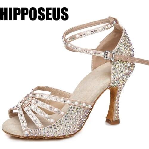 Hipposeus Ballroom Girls Dance-Shoes Women Latin Dance Shoes Ladies Modern Tango Dancing Shoes Rhinestone Salsa Sandrals Mesh