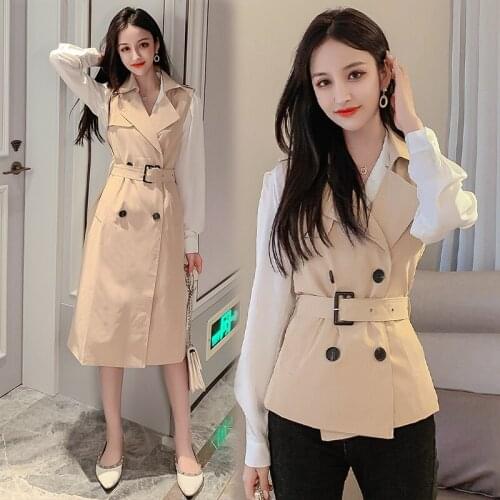 Windbreaker British Style V-neck Female Bow Lace up Mid-length Vest Trench Coats Short Double-breasted Lapel 2020 Autumn Z636