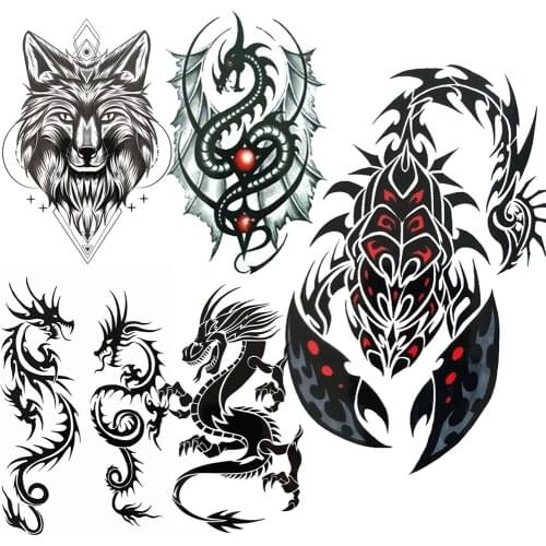 Scorpion King Fake Temporary Tattoos For Men Women Black Geometric Wolf Tattoo Sticker Creative Dragon Wings Tatoos Body Art Arm