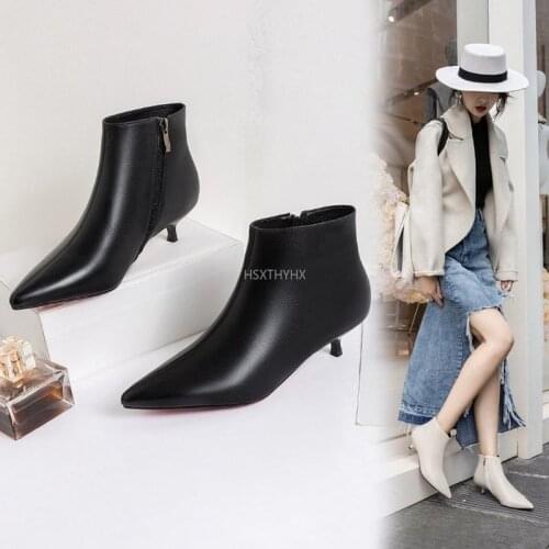 New Women Boots Ankle PU Leather Zipper Booties High Heels Autumn Shoes Low Heels 3CM Winter Boots Zapatos De Mujer Pointed Toe