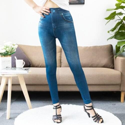 Womens Leggings Faux Denim Jeans Leggings Sexy Printing Elastic Velvet Jeggings Soft Casual Thin Pencil Pants Stretch Well Hot