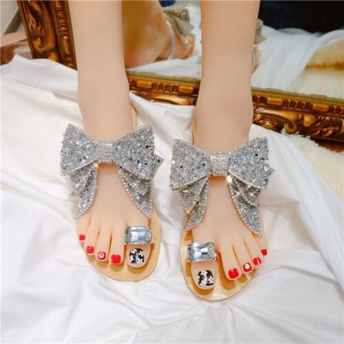 The new summer water diamond big bow tie ladies versatile set toe big gem flat shoes