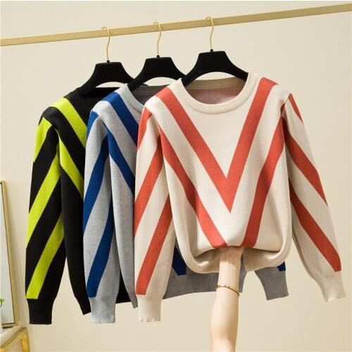2021 Stripe Autumn Winter O-Neck Sweater Women Basic Loose Pullover Women Sweaters And Pullovers Knit Jumper Ladies Top Oversize
