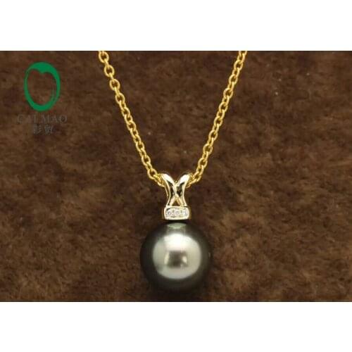 14k Yellow Gold precious Black Pearl& 0.018ct Diamond Pendant manufacturer Free Shipping
