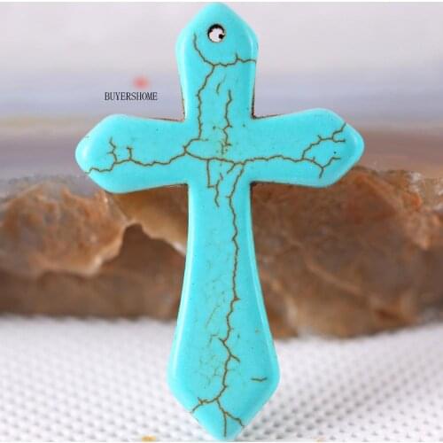 5Pcs Cross Necklace Pendant 29X44MM Natural Stone Green Howlite Beads Fashion Jewelry Gift For Women K029