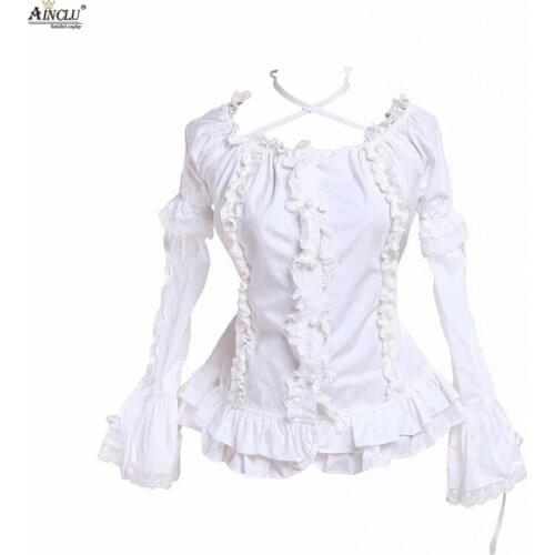 Ainclu XS-XXL Womens Cotton White Ruffles Long Sleeves Rendering and Outer Wear Lolita Blouse with Lace/Bow/Sling Free Shipping