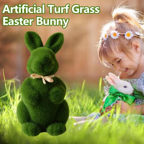 Behogar Easter Lovely Handmade Moss Rabbit Artificial Turf Grass Easter Bunny Home Office Garden Decor Photo Props 8.66x4.33inch
