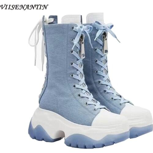 New Thick-soled High-top Locomotive Canvas Heightened Front and Rear Cross Straps Front Zipper Wild Non-slip Martin Boots