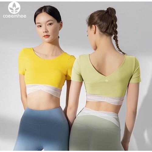 CAEEMHEE Women Yoga Fitness Wear Tops Gym Sports Short Sleeve Cropped Gym Tops Running Workout Sport T-Shirts Mesh Yoga Wear
