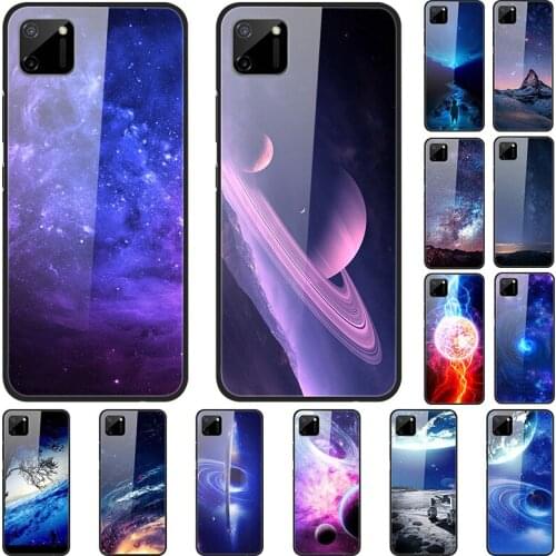 Case For Realme C11 Back Phone Cover Black Silicone Bumper With Tempered Glass Star Sky Series
