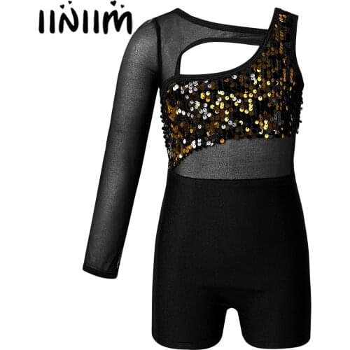 Kids Girls Shiny Sequins Cutout Ballerina Dance Wear Gymnastics Leotard Jumpsuit Unitard Contemporary Dance Costumes Dancewear