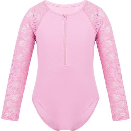 Kids Girls Floral Lace Ballet Dance Gymnastics Leotard Jumpsuit Long Sleeves Round Neck Bodysuit Zip-Front Tank Tops Dancewear